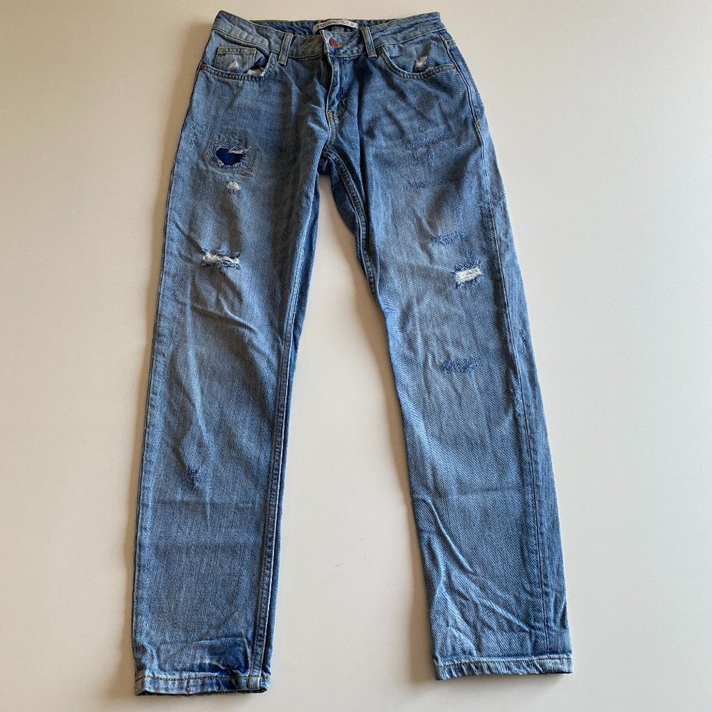 Zara Z1975 Vintage Denim Distressed Straight Jeans